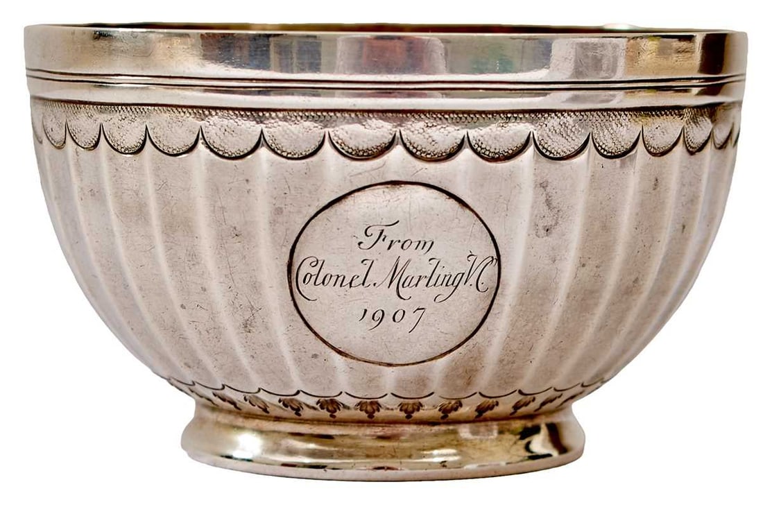 OF VICTORIA CROSS INTEREST: A SILVER SUGAR BOWL FROM COLONEL SIR PERCIVAL SCROPE MARLING VC CB DL: OF VICTORIA CROSS INTEREST: A SILVER SUGAR BOWL FROM COLONEL SIR PERCIVAL SCROPE MARLING VC CB DL (1861-1936), of circular form with plain rim and tapering fluted design with acanthus to the bowl, cir