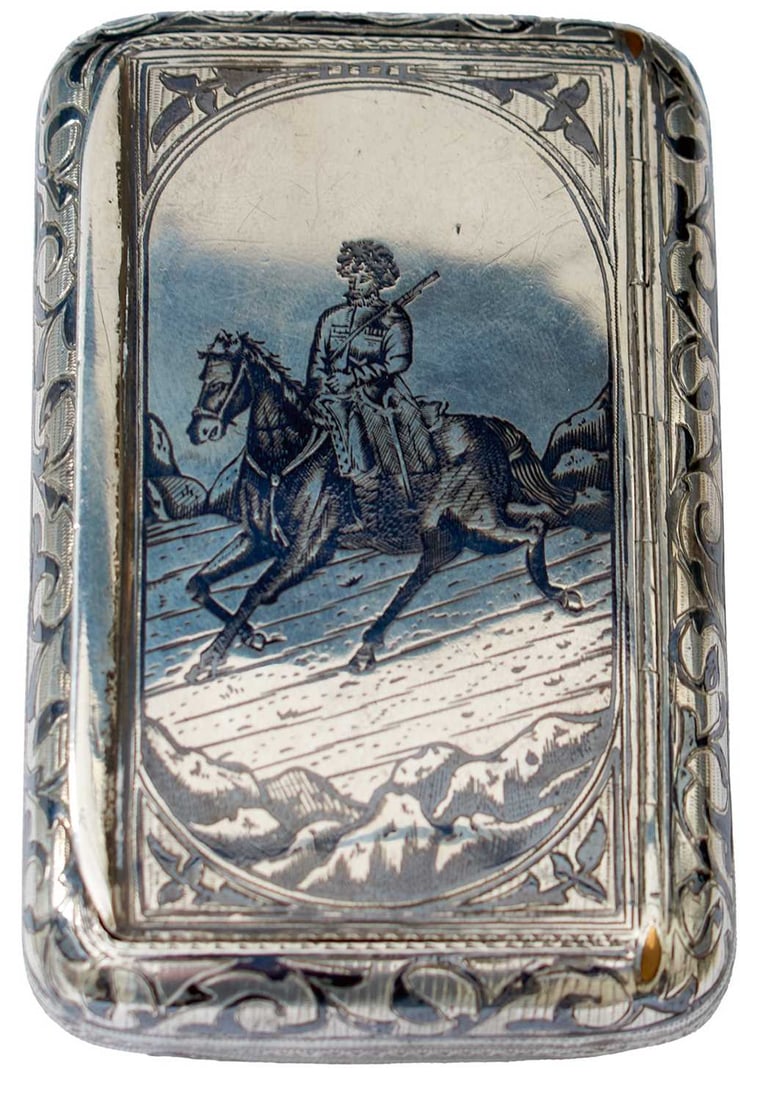 A LATE 19TH CENTURY RUSSIAN SILVER AND NIELLO SNUFF OR TOBACCO BOX, (1 of 11)