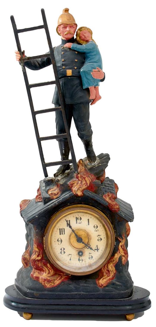 A SCARCE EARLY 20TH CENTURY FRENCH FIREMAN'S CLOCK,: A SCARCE EARLY 20TH CENTURY FRENCH FIREMAN'S CLOCK, the painted spelter body in the form of a burning house surmounted by a fireman carrying a child and a ladder. Movement and ladder loose but present