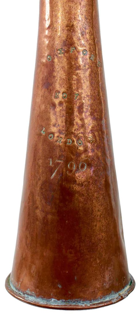 AN 18TH CENTURY COPPER AND BRASS BOUND COACHING HORN IN WICKER CASE, (1 of 14)
