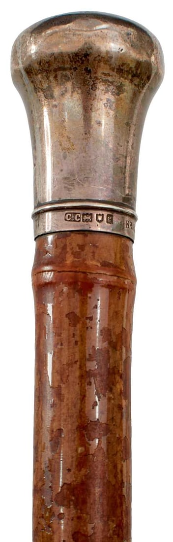AN EDWARDIAN SWORD STICK BY BRIGG,: AN EDWARDIAN SWORD STICK BY BRIGG, 72.5cm flattened diamond section blade inscribed BRIGG & SONS, 23 ST JAMES ST SW, silver mounted bamboo handle and haft hallmarked London 1902, maker's marks for