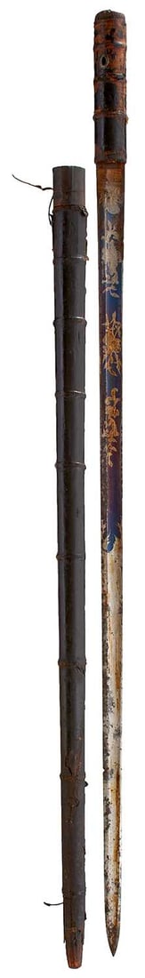A LATE 18TH CENTURY WALKING OUT OR SWORDSTICK WITH BLUED AND GILT BLADE,: A LATE 18TH CENTURY WALKING OUT OR SWORDSTICK WITH BLUED AND GILT BLADE, 79.5cm fullered blade of 1796 Pattern Infantry type, etched with scrolling foliage, flowerheads and stands of arms, all highlig
