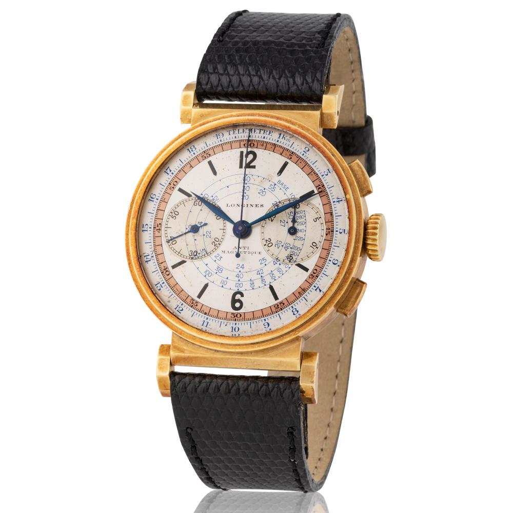 Longines. Absolutely Rare and Sought-After 13ZN Flyback: Longines. Absolutely Rare and Sought-After 13ZN Flyback Anti-Magnetic Chronograph Wristwatch in Yellow Gold, With Square Button, Mobile Lugs, Two Tone Tachymetric and Telemetric Scales Dial Model: Chr