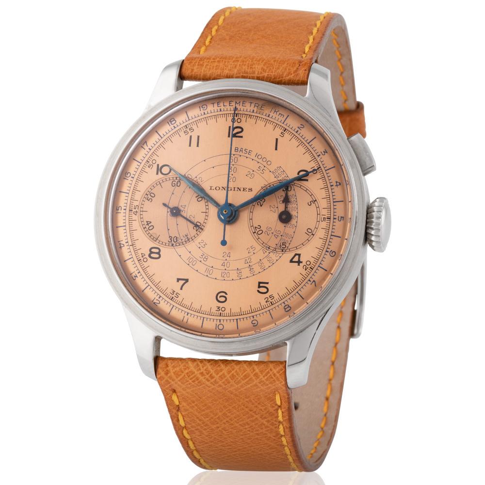 Longines. Fine and Attractive 13ZN Single Button: Longines. Fine and Attractive 13ZN Single Button Flyback Chronograph Wristwatch in Steel, Pink Tachimetric and Telemetric Scales Dial Model: Chronograph Artist or Maker: Longines