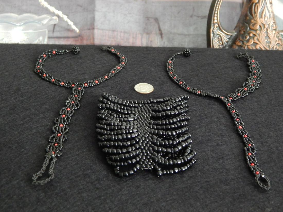 Lot Sale of 3.Seed Bead, Barefoot Sandals and a small: Lot Sale of 3. Two are black/red seed barefoot sandals, Foot Jewelry. One small Black seed bead stretch bracelet.