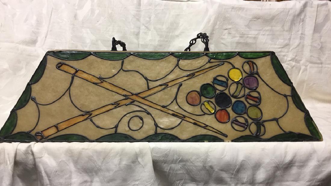 Pool table hanging light: This pool table light is in good condition..Its length is 32 inches, width is 16 inches. It hang down from the ceiling about 19 inches and it mount is a little over 13 inches. Takes regular light bulb