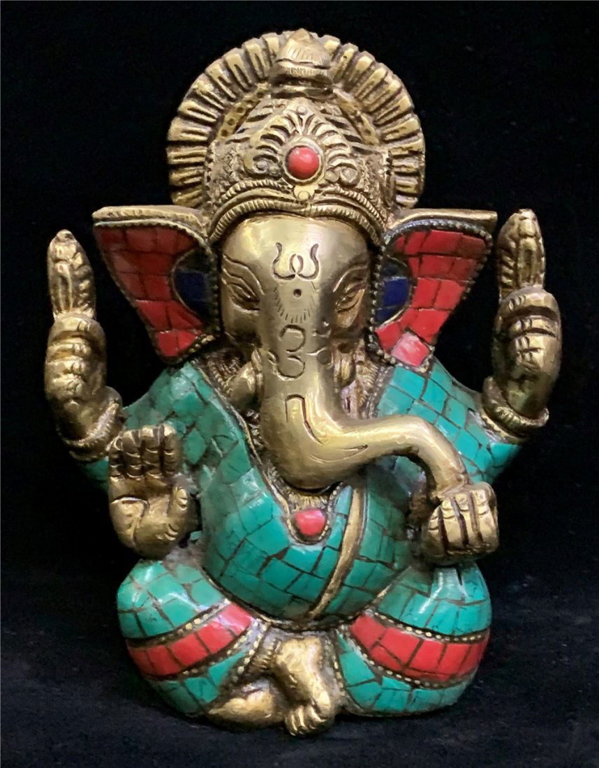 Set with turquoise Gold-Plated Elephant God Statue: Dimensions: Height: 4.73 inch x Width/Diameter: 3.74 inch x Length/Depth: 1.97 inch. Dimensions in Centimeter: 12 cm x 9.5 cm x 5 cm.