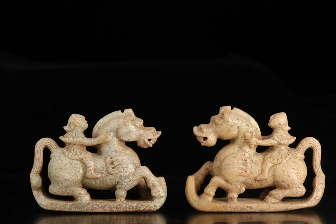 CHINESE JADE CARVED RIDING FIGURES HAN DYNASTY: CHINESE JADE CARVED RIDING FIGURES HAN DYNASTY