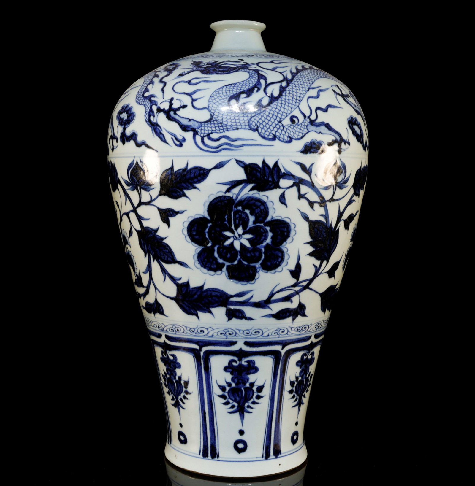 A Fine Blue and White Dragon Meiping Vase: A Marvelous Blue and White Flowery Dragon Meiping Vase. Seal Marked, Chinese Ming Dynasty. Size: 27cmx43cm