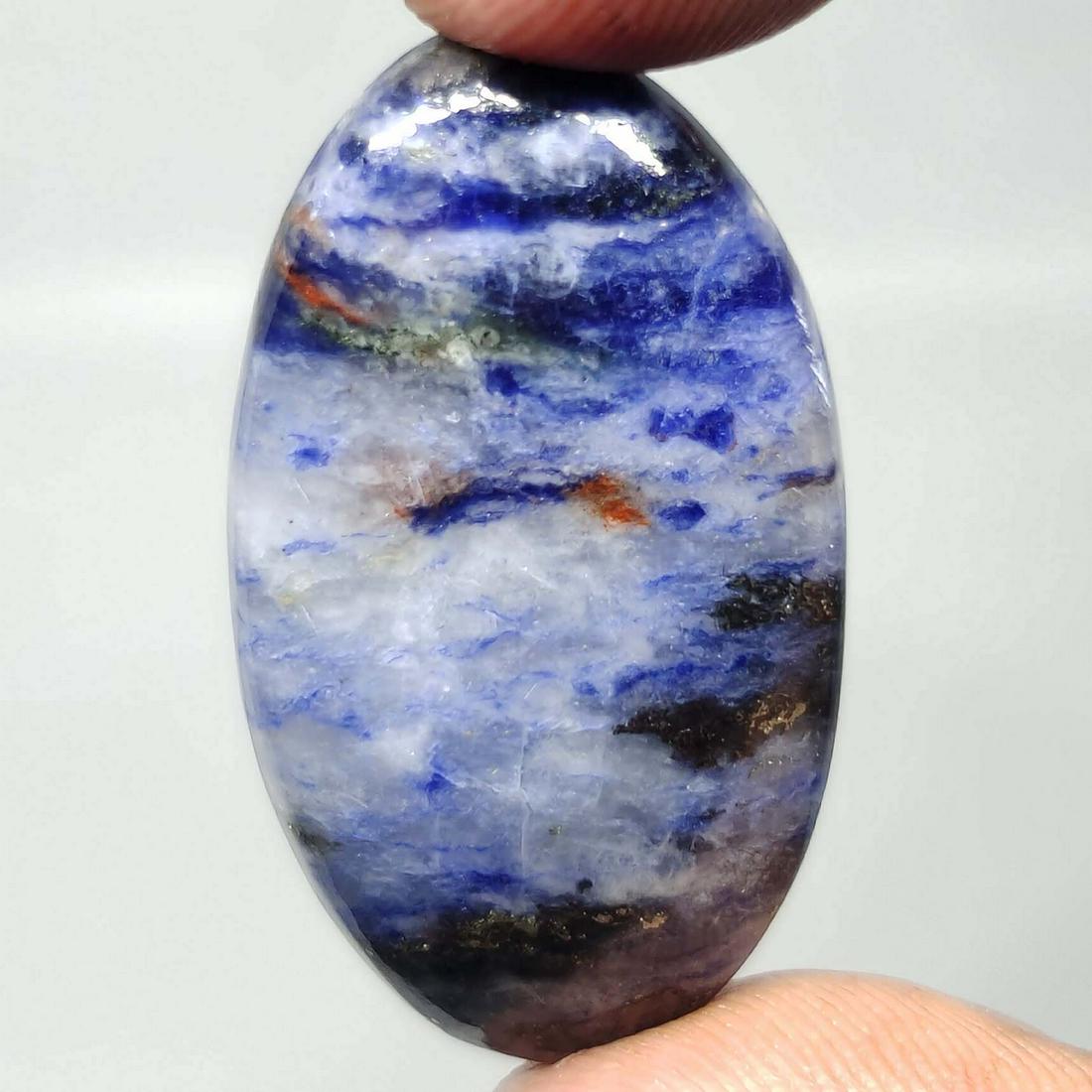 34.00 ct Natural Sodalite: All the stones listed are 100% natural and rarely selected from a big quantity lot also these are of very high quality. BID WITH CONFIDENCE!!! DIMENSIONS : 35X19X6 mm