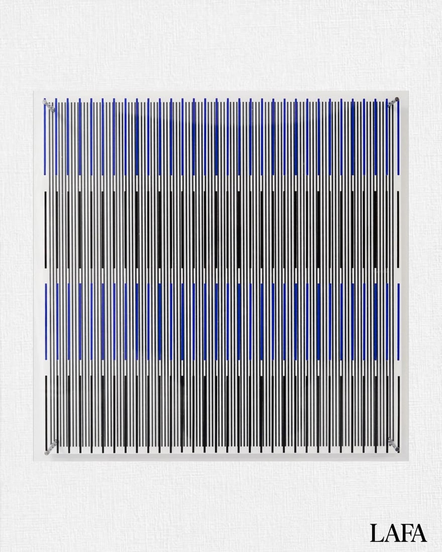 JESUS RAFAEL SOTO, Tes Azules y Negras, Serie Sintesis (BLUE AND BLACK T'S, SYNTHESIS SERIES), 1979: Artist: Jesús Rafael Soto (1923–2005)Title: Tes Azules y Negras (Blue and Black T’s), Synthesis SeriesYear: 1979Medium: Plexiglass and metalDimensions: 50.2 × 50.2 × 12.7 cmEdition: 20/110"Crea
