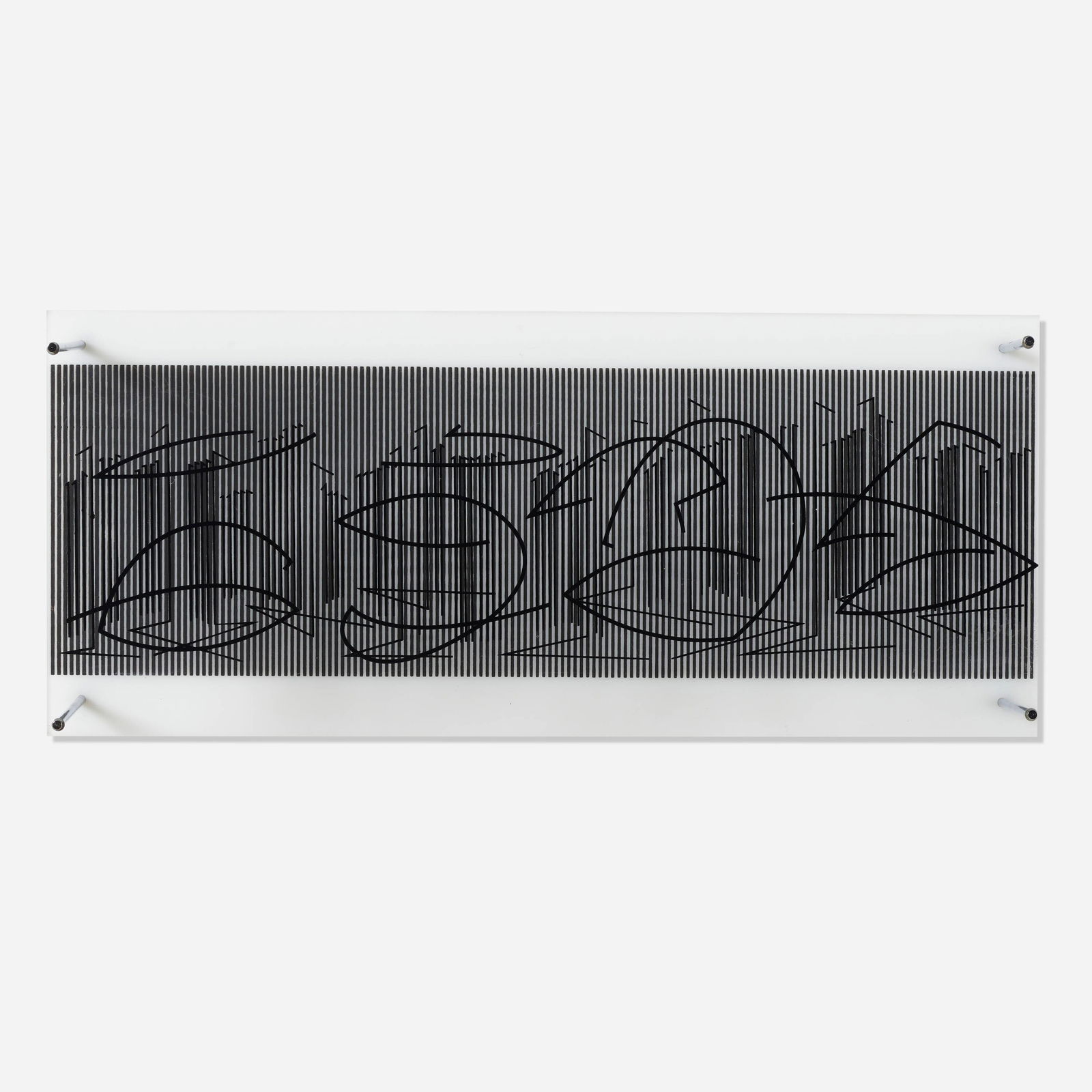 JESUS RAFAEL SOTO, Escritura, Serie Sintesis,(WRITING, SYNTHESIS SERIES), 1979: Artist: Jesús Rafael Soto (1923–2005)Title: Escritura (Writing), Synthesis SeriesYear: 1979Medium: Plexiglass & metalDimensions: 29.8 × 69.9 × 8.9 cmEdition: 76/110"Part of the Synthesis Series f