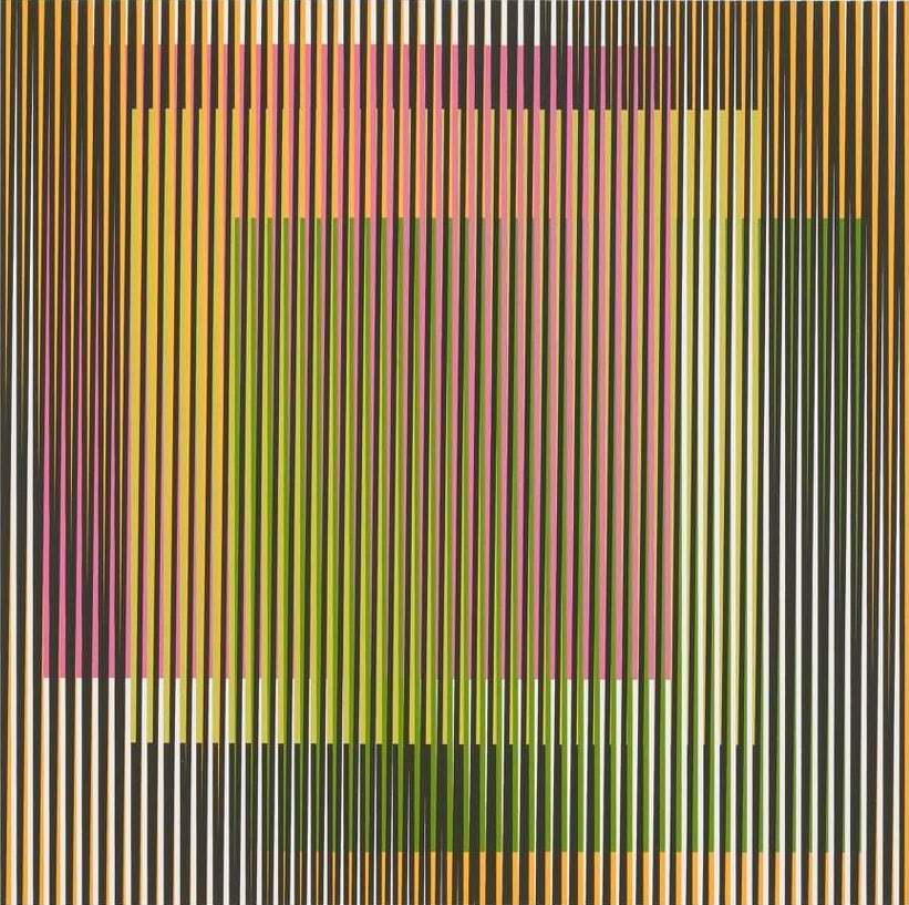 CARLOS CRUZ-DIEZ, Induction chromatique à double Fréquence 3, 2019: Artist: Carlos Cruz-Diez (1923–2019)Title: Induction chromatique à double Fréquence 3Year: 2019Medium: LithographDimensions: 50 x 50 cmEdition: 75"Created in 2019, this lithograph belongs to Carlo