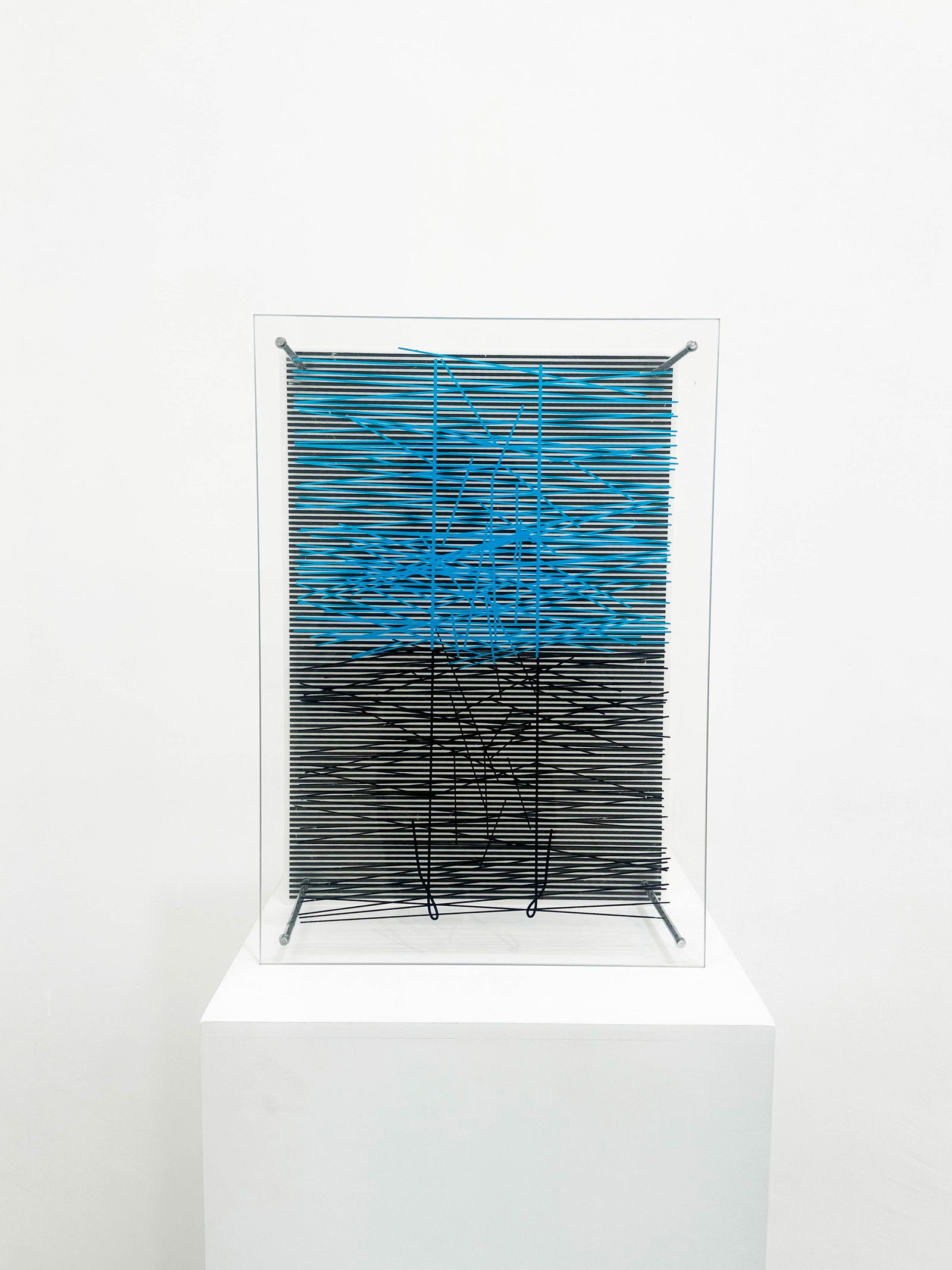 JESUS RAFAEL SOTO, Escalera Azul, Serie Sintesis,(SYNTHESIS SERIES), 1979: Artist: Jesús Rafael Soto (1923–2005)Title: Escalera Azul, Serie SintesisYear: 1979Medium: Mixed media on plexiglassDimensions: 49.5 x 34.5 x 12 cmEdition: 21/110Created in 1979, Escalera Azul belo