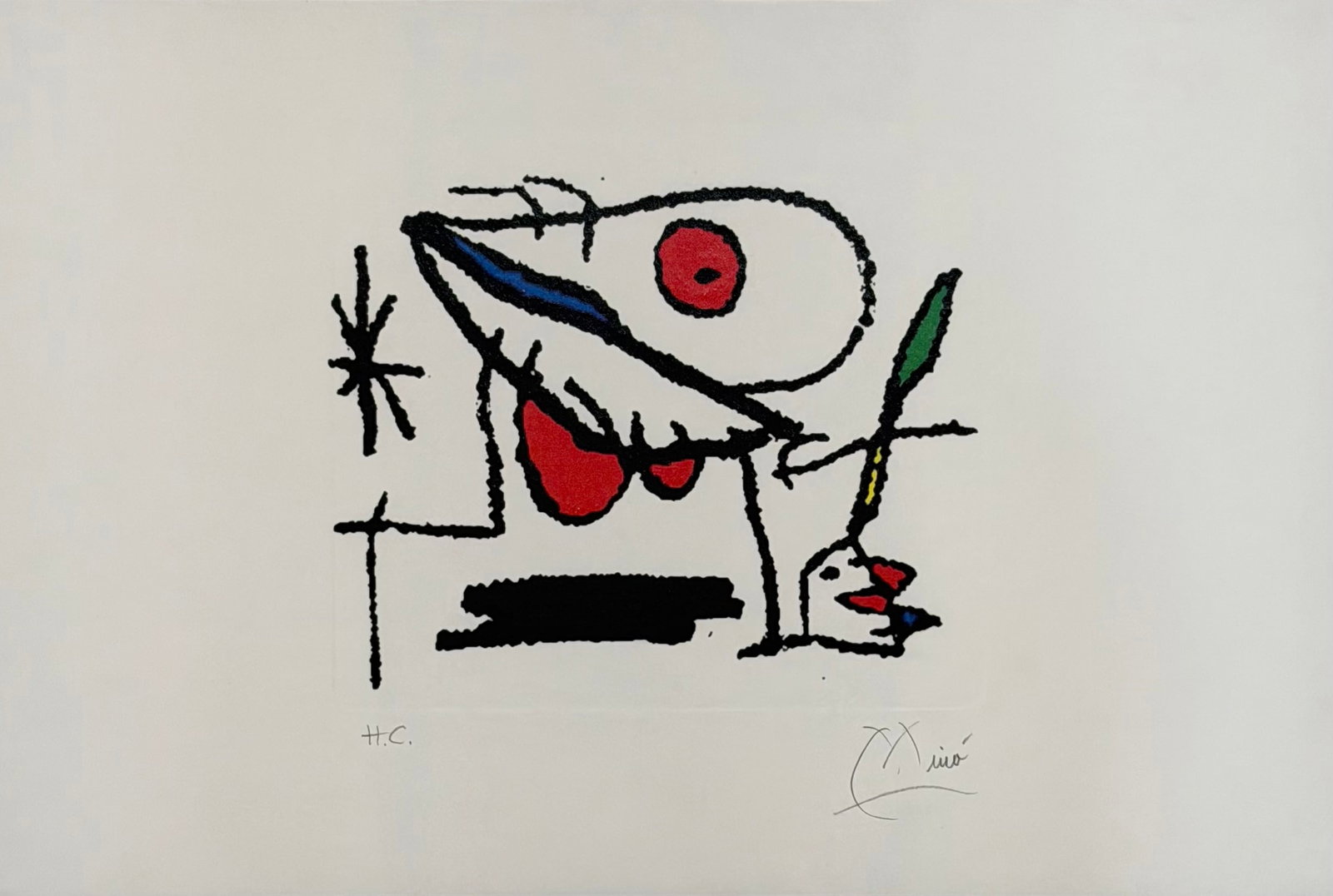 JOAN MIRO, Oiseau et Figurre Rouge, 1974: Artist: Joan MiroTitle: Oiseau et Figurre RougeYear: 1974Medium: Lithograph in colors on wove paperSize: Signature: Signed in pencilCondition: GoodThis mesmerizing 1974 lithograph in colors on wove