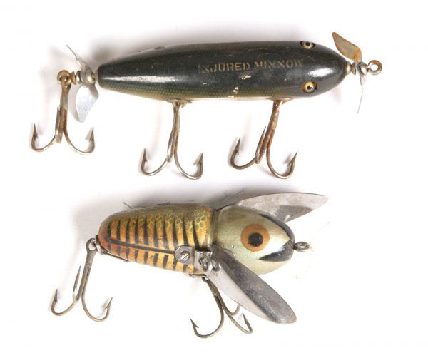 Lot of 2 Fishing Lures: Includes: 1 Injured Minnow and 1 Heddon Crazy Crawler. Both in VG Condition.