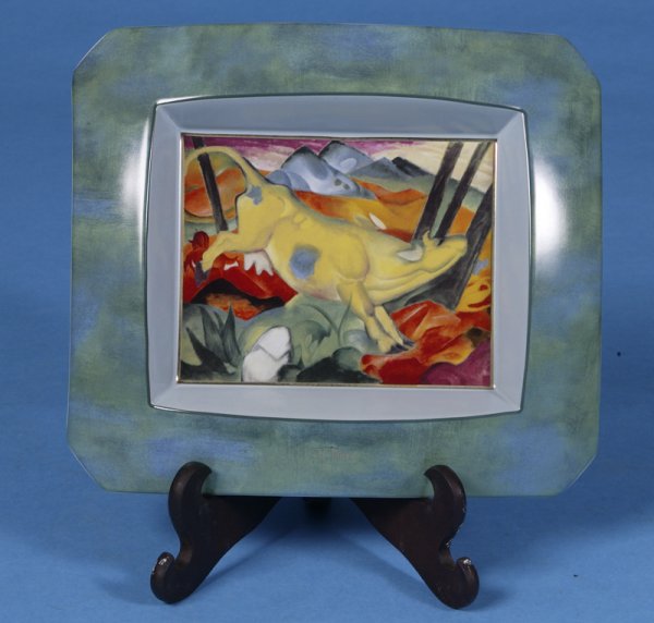 1998 Goebel Artist Series Limited Edition Plaque: Plate #93 of 1000, commemorating Franz Marc (1880 - 1916), decorated with a Franz Marc image of a cow, also this is the artist Orbis series, includes original packaging and paperwork; plaque is 12" H