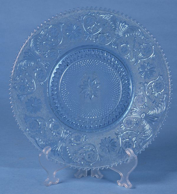 Circa 1960 Large Sandwich Glass Serving Tray: Light blue color with original Montgomery Ward box and packaging, tray is 16" Diam.