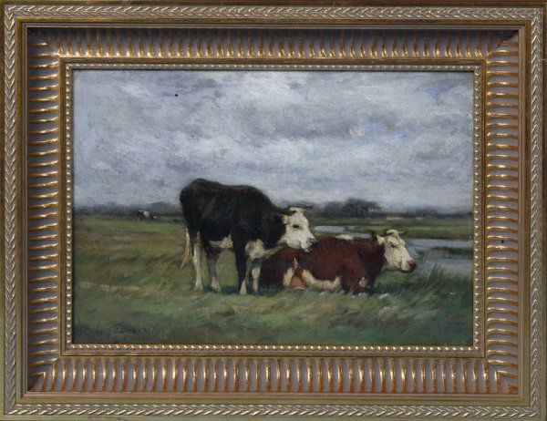 Guy Carleton Wiggins, NA, American, (1883 - 1962): Oil on Canvas, depicting Cattle at Rest, signed LL corner, titled on verso 13-1/2" H x 19" W.