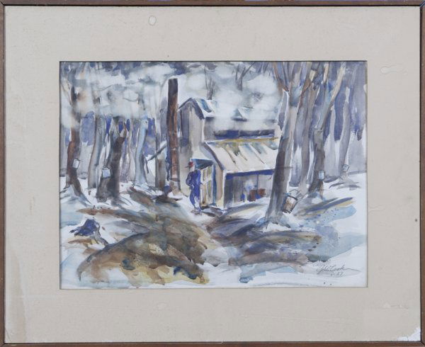 John Wesley Cook, American / Michigan, Watercolor: Title: "Parsons Sugar Bush" (Maple Syrup Cabin in a Forest), Note: John Wesley Cook was a student of Charles Culver, watercolor measures 14" H x 19" W, signed in pencil in LR corner and dated 1987.