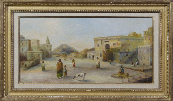 Style of Joseph Henry Sharp, Oil on Canvas, Framed: Taos New Mexico, depicting village with 14 people, one woman making pottery or baskets - men on ladders, measures 13" H x 23" W. Purchased in New Mexico by the consignor in 1954. Relined - stable craq