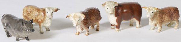 Five Various Pottery & Plaster Farm Animal Figure: Includes: Signed Royal Doulton pig, measures 6" L; 3 mid 20th C. Japan pottery cows with largest measuring 6-1/2" L; and a mid 20th C. solid plaster cow, measures 6-3/4" L. Condition: No damage to Roy