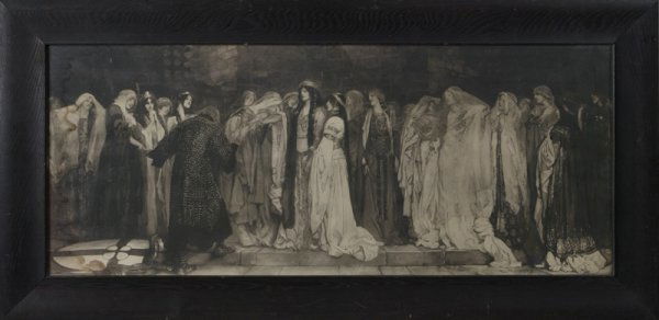 Edwin Austin Abbey (1852-1911) American, Lithogra: Depicting a scene of a knight being courted by woman in a interior scene, signed LR, 15"H x "31.5"W.