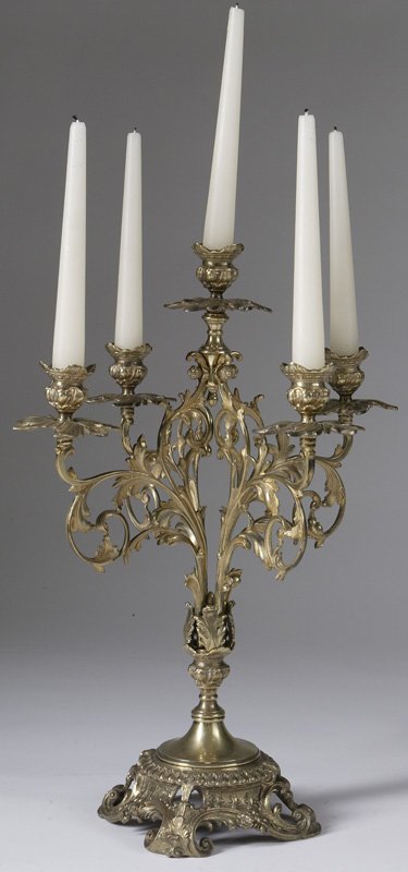Late 20th C. Brass Rococo Style Five Light Candel