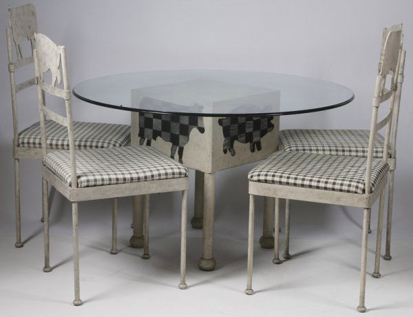 20th C. Folk Style Animal Painted Metal Chairs And: Including four open arm plaid cushioned dinning chairs in the designs of cattle and pigs together with a round glass table top on a painted square metal base with painted plaid wood cutouts in a cattl
