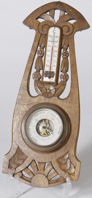 Circa 1905 Oak French Wall Thermometer / Barometer
