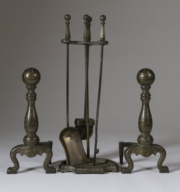 20th C. Brass 6 Piece Fireplace Set