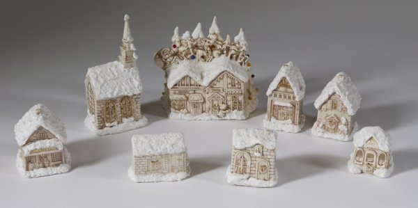 20th C. 8 Pcs. Ceramic Hand Painted Xmas Village
