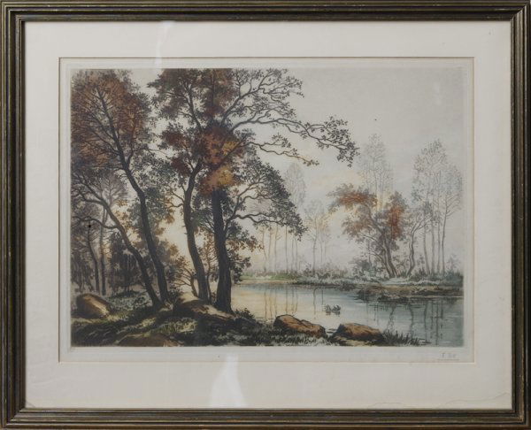Artist Unknown, 20th C., American, Color Woodblock: Landscape with trees and rocks near a pond, signed F. Roth in pencil LR, possibly done by Frank Roth, writing in pencil indistinctly LL, "13H x 18"W. Slight toning along edges, not examined outside th