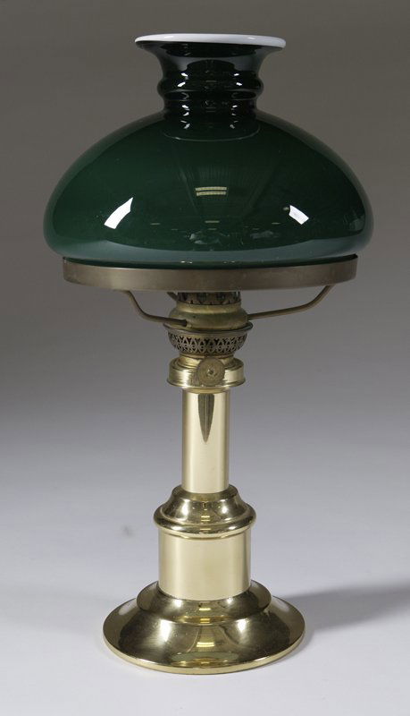 Danish Antique Style Brass Oil Lamp: With green glass shade, marked "G.V. Harnisch Eftf Grundlat 1842 Kjobenhavn 14513" made in Denmark, 15" H. The frame that holds the shade is slightly bent, otherwise good condition.
