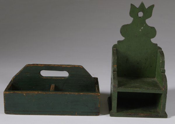 Collection of 2 Wood Articles: Including a carved and green painted altar chair wall box with floral carved crown, 11" H, together with carved green painted spice box carrier, 5" H x 9" W x 5" D.