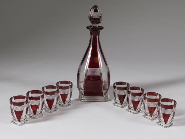 Art Deco 9 Piece Cranberry &Clear Glass Lib-Set
