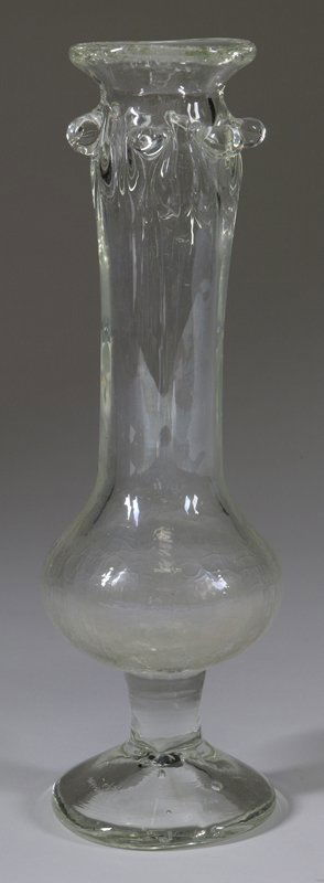 Exceptionally Nice Glass Vase: Bulb form with leaf blown pieces molded onto a round base, signed Bramhall 6-8-76, 12.25" H, possibly done by Peter Bramhall from Vermont who studied glass making in Wisconsin. Minor imperfections in