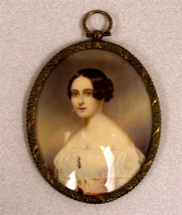 Friedrich Heinrich Fuger (1751-1818) Miniature: Friedrich Heinrich Fuger German watercolor on ivory of a lady wearing a white lace dress with seed pearl broach and earrings. Signed lower side right. Mounted in scrolling and floral molded brass fram