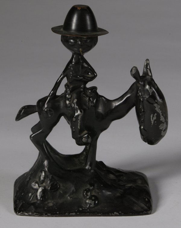 Rare Frankart Spelter Cowboy Figure on Horse: Circa, dark brown lacquered finish, signed on bottom edge, 7-1/2" H (5% paint loss, consistent with age).