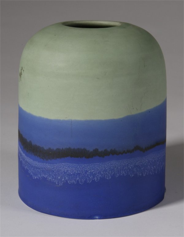 Signed Raymor, Italian Art Pottery Vessel: Hand decorated free form banding, this bell shaped container measures 7-1/4" H x 6" D and has original paper label underneath, minor glaze flaws on bottom edge.