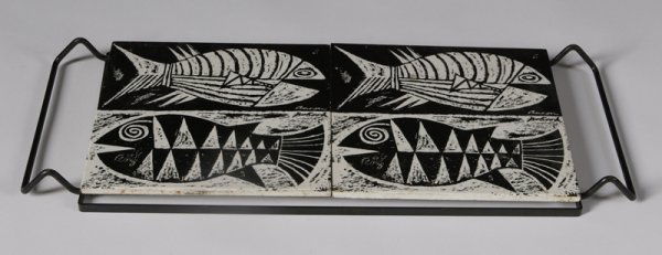Mid 20th C. Contemporary Tiled Hotplate w/Stand: Rectangular form with stylized fish decorated tiles, signed Aaron Bohrod, 15" L x 6" W x 1" H, minor flakes to the corners of both tiles.