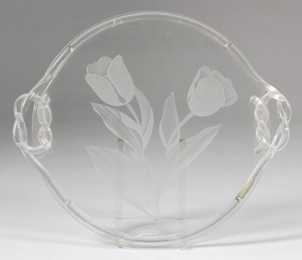 1940's Dorothy Thorpe Style Glass Serving Tray: Circular form with an attached Lucite rim and pretzel form handles. With deeply sandblasted/etched tulips in center. 16.5" Dia.; excellent condition.