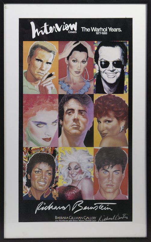 Richard Bernstein, Poster, "The Warhol Years": Depicts Interview Covers of past, including Arnold Schwartzenegger, Cher, Jack Nickolson, Madonna, Sylvester Stallone, Bette Midler, Michael Jackson, Divine (John Waters), and George Michael. Titled "