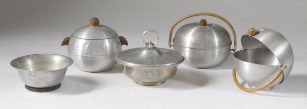 Russel Wright Covered Aluminum Bowl &4 Items: Vintage Wright, looped wood handle with round carved wood knob, marked Russell Wright on the bottom, together with a similar ice bucket with metal insert, covered steamer with looped wood handle and c