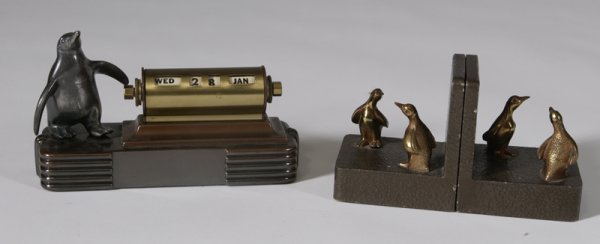 Copper & Bronze Penguin Book Ends & Calendar