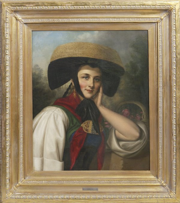 Johan Till, Oil On Canvas; Portrait: Intricately detailed portrait of a lady wearing a hat with a basket of flowers and a wooded landscape in the background, 26.5"H x 21.5"W. Mounted in a nice giltwood frame. The painting has been reline