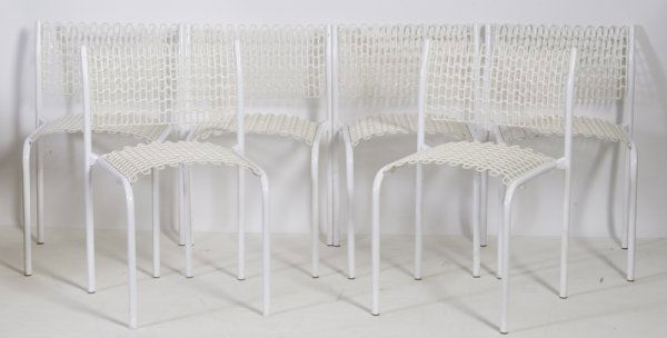 6 White Wire Chairs David Rowland for Thonet: Circa 1980's, "Soft Tech" waffle form backs and seats with white metal frames, each measures 30"H x 17"W x 18"D. One chair has a signed David Rowland label and one other has a partial label. Slight sc