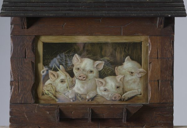 Late 19th C. Prang Color Lithograph: Depicting four piglets in a barn window with hay and a large pig tail curled on the left. Mounted in an intricately carved wood folk frame with an awning. 9.5" H x 14" W. Signed Prang & Co Boston, USA
