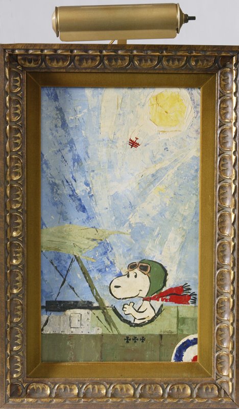 J. White, Oil On Board; Snoopy: Portrait of "Snoopy" flying in a Spitfire battle plane giving a thumbs up with "The Red Baron" flying near the sun in the distance, signed LR, 20" H x 13" W. Great condition.
