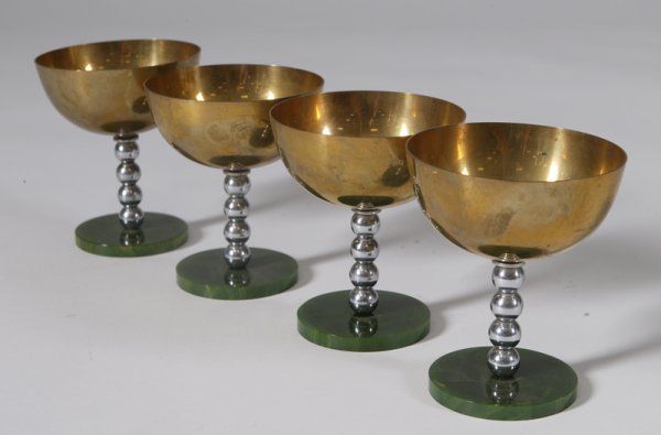 Set of 4 Art Deco Copper & Chrome Goblets: Beaded form chrome neck mounted on round jade swirled Bakelite bases, each goblet measures 3.5" H. Minor tarnishing on the cups; great condition.
